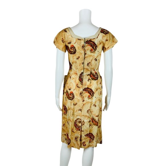 Vintage 1950s Novelty Print Dress Brown Feathers V Neck Wiggle Pin Up | W 25" - Picture 8 of 14